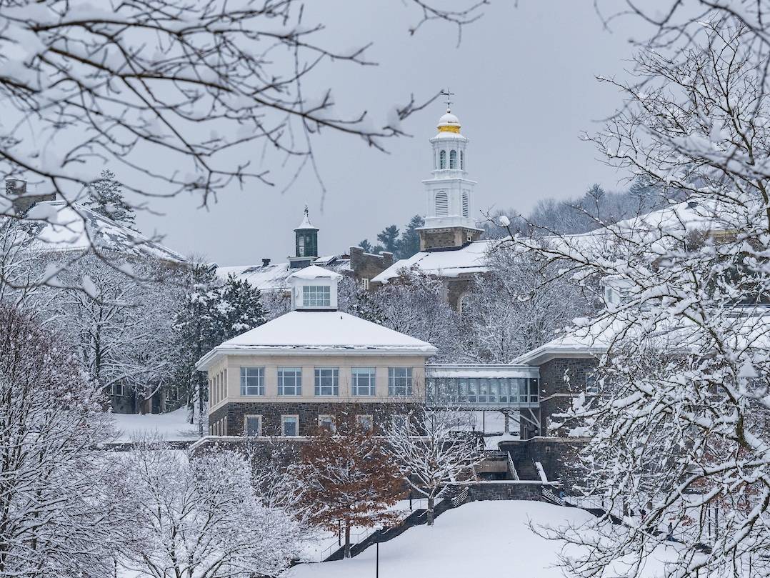 The °ϲʹ campus is pictured after a snowfall